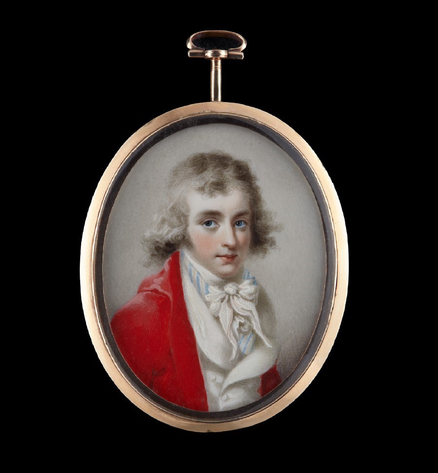 Portrait miniature of John Shaw (1776–1832), wearing a red coat, a white waistcoat, blue striped slip-waistcoat and a knotted cravat